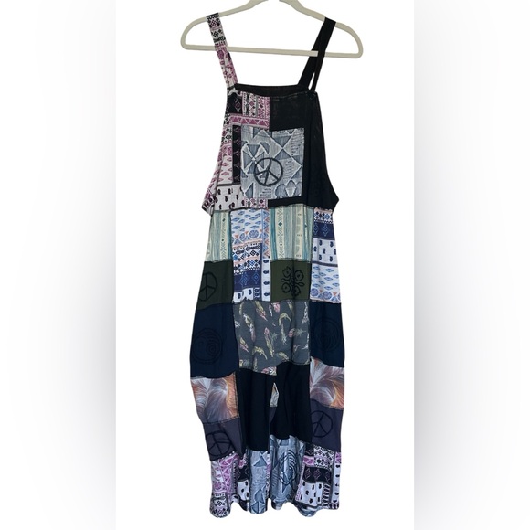Yak & Yeti Patchwork Boho Overalls Jumpsuit L/XL Peace Sign Festival Hippie - Picture 1 of 11
